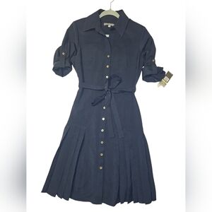 Sharagano Women’s Shirt Dress Navy Blue Button Front Belted Size 4